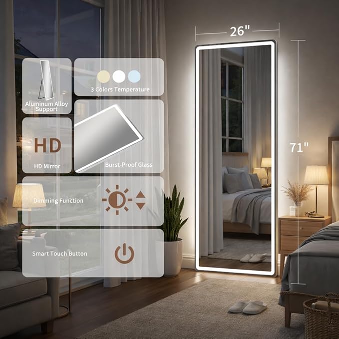 Full Length Mirror with Lights, Full Body Dressing Standing Mirrors with