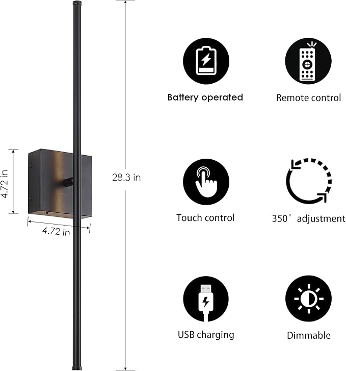 KARTOOSH 28.3 Inch Battery Operated Wall Sconces 3000K Warm White LED Wall