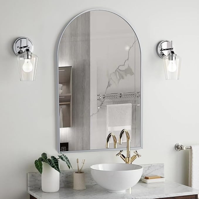 24" x 36" Silver Arched Mirror, Modern Aluminum Alloy Metal Frame, Arch