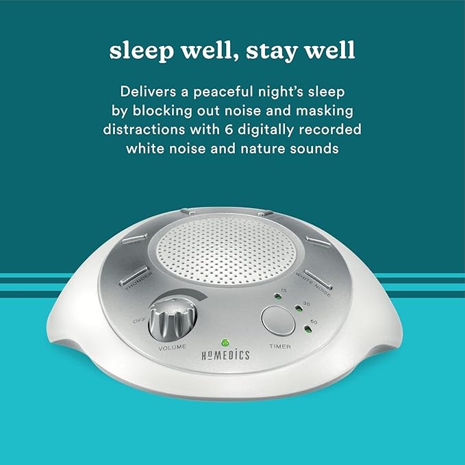 Homedics SoundSleep White Noise Machine, Silver, Small Travel Device with 6 Relaxing Nature Sounds, Portable Therapy for Home, Office, Nursery, Auto-Off Timer
