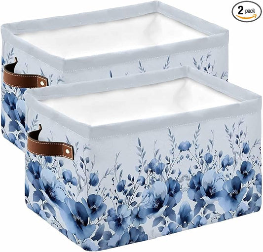 Blue Blooms Floral Storage Bins Cubes Waterproof Cloth Storage Basket,Spring Flowers Botanical Blue Ombre Foldable Storage Bags for Shelf Clothes Storages Organizers with Handles 15x11x9.5 in 2PCS