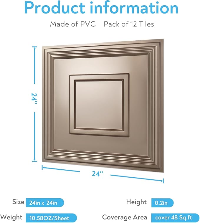 STICKGOO Glue Up Ceiling Tiles, 24x24 Inch PVC Decorative Drop Ceiling Tile