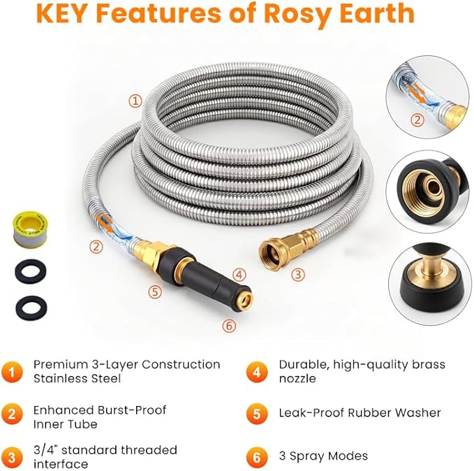 Rosy Earth Metal Garden Hose 200 FT - 304 Stainless Steel Water Hose 200 FT - Expandable Short Flexible Garden Hose,no Kink Explosion, no Bite