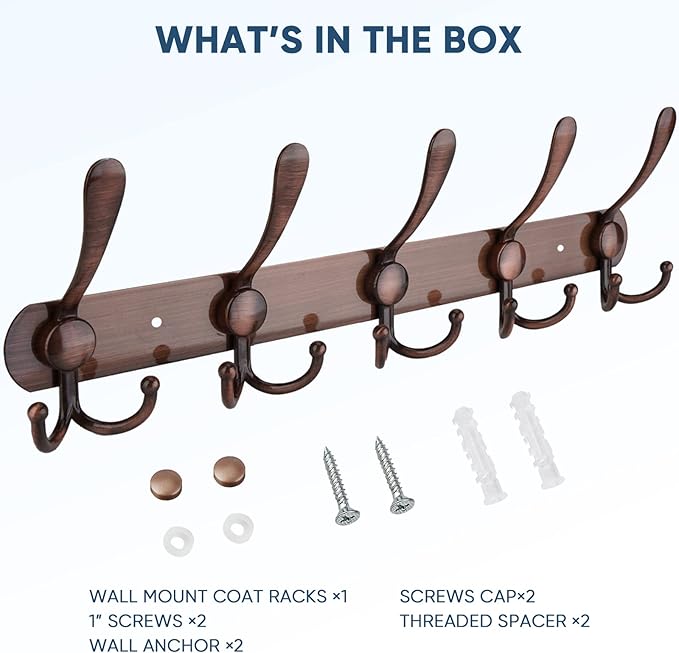 TICONN Wall Mounted Coat Rack, Five Heavy Duty Tri Hooks All Metal Construction