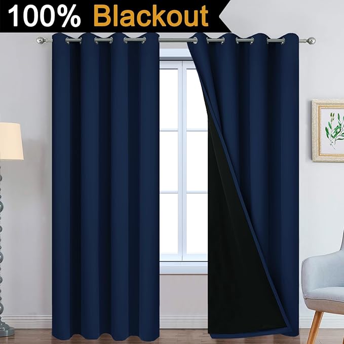 Yakamok Navy Blue 100% Blackout Curtains Energy Saving Thermal Insulated 2