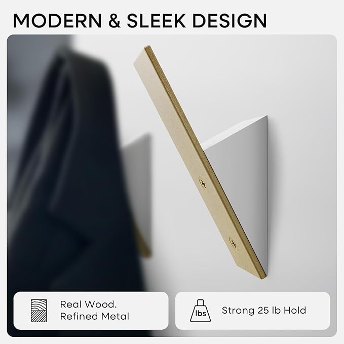 Homeforia Gold Wall Coat Hooks, High End White Wood & Gold Metal Wall Mounted