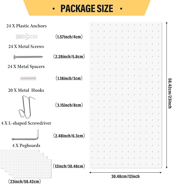 DEWEL Peg Board, 23" x 12" Metal Pegboard Panels, 4 Pack Metal PegBoard Organizer with Accessories, Wall Organizer Peg Board for Garage and Garden Tool Storage, Includes Installation kit（4pcs white）