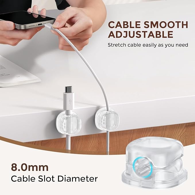AhaStyle Spring Cable Organizer [1s Lock] 6 Pack Cord Cable Holders Clips Strong Adhesive Cable Cord Keeper [Smooth Adjustable] Hide Wire Cord Organizer for Nightstand Kitchen Car Office (Transparent)
