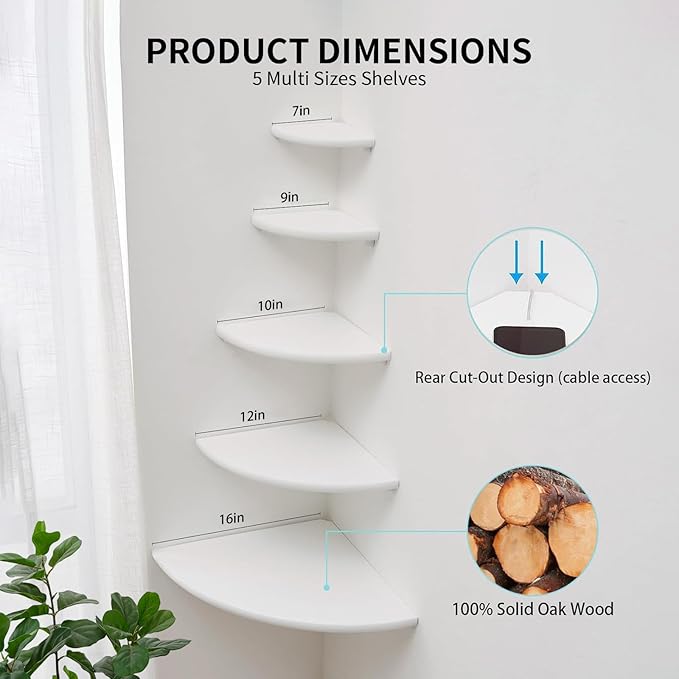 Gieanoo White Corner Wall Shelf 16inch Solid Oak Wood Floating Corner Shelf