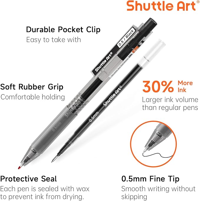 Shuttle Art Black Gel Pens, Ink Glide Series 60 Pack Retractable 0.5mm Fine Point Rollerball Gel Ink Pens Bulk Set Quick Drying Smooth Writing with Grip for Journaling Note Taking Office School Home