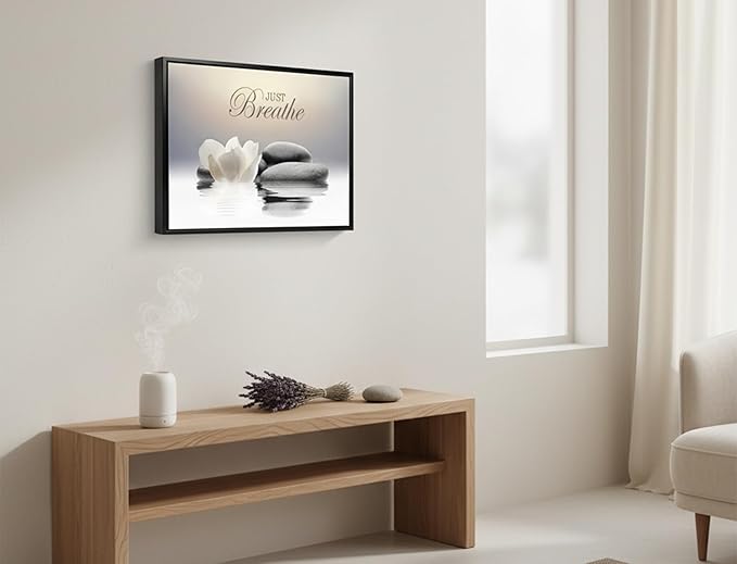 Floating Framed Zen Wall Art, Just Breathe Stone Poster Picture
