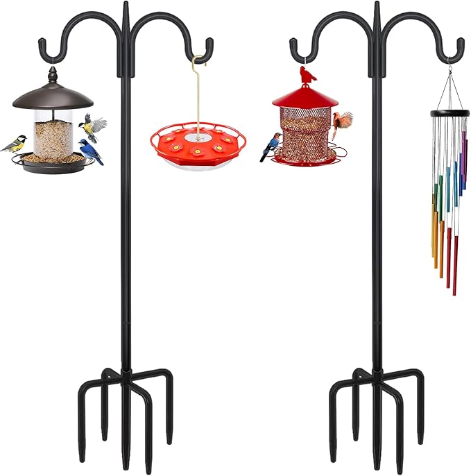 FEED GARDEN Adjustable Double Shepherds Hook for Outdoor with 5 Prong Base 92 Inch Heavy Duty Two Sided Bird Feeder Pole for Hanging Plant Baskets, Solar Light Lanterns, Wind Chimes 2 Pack