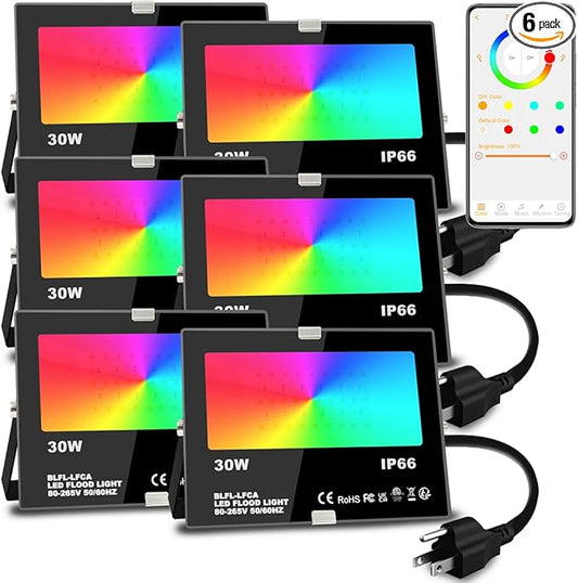 Led Flood Light 30W, 300W Equivalent 3000 LM Outdoor Color Changing Led Stage Landscape Lights, Bluetooth RGBW Smart Floodlights 2700K & 16 Million Colors&Timing& Music Sync, IP66ï¼US 3-Plug (6 Pack)