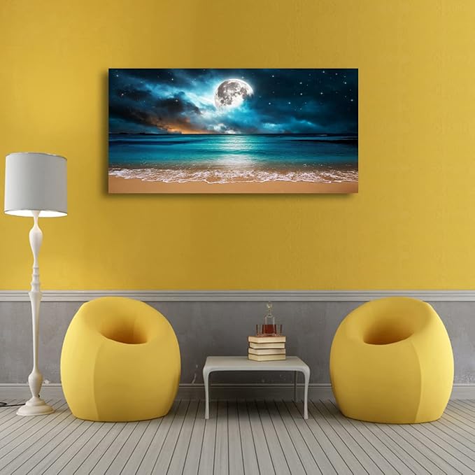 Beach Themed Wall Art Canvas Prints Seascape Picture Bathroom Décor Moon Ocean Landscape Paintings for Bedroom Dining Room Office Home Kitchen Decoration Natural Artwork 24x48 Wooden Frames