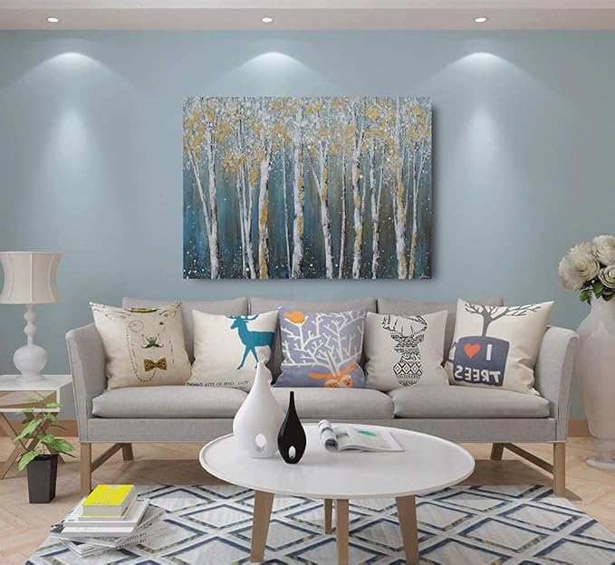 Yihui Arts Birch Tree Canvas Wall Art Hand Painted Teal and White Color Painting