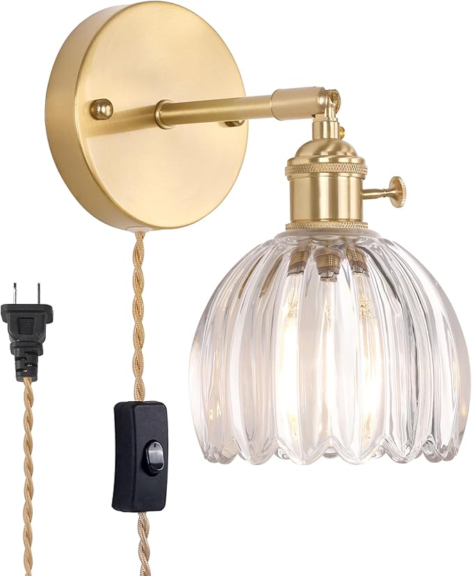 Shenmoyl Plug in Wall Sconce, Transparent Tulip Glass Lampshade Wall Light