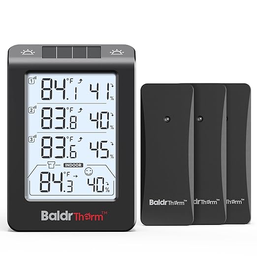 BaldrTherm Solar Photosensitive Three Channel Thermo-Hygrometer, Wireless Temperature & Humidity Monitor with 330ft Range, 4.8" Digital Display, Smart Backlight, Real-Time Alerts, Black