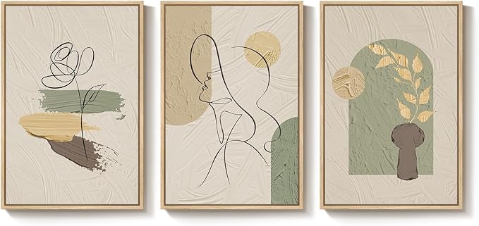 Framed Abstract Boho Wall Art for Living Room, 3 Piece Large Neutral Canvas