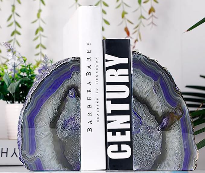 JIC Gem Book Ends for Shelves Dyed Purple Agate Bookends Natural Geode Brazilian Rock Stone Book Ends Decorative with Rubber Bumpers Small Size(1 Pair, 2-3 LBS)