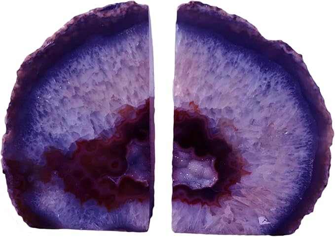 JIC Gem Purple Agate Bookends Geode Book Ends Heavy Duty Crystal Bookends Decorativer with Rubber Bumpers (1 Pair, 4-6 LBS)
