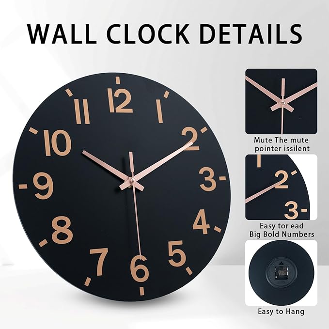 HZDHCLH Wall Clock 8 Inch Silent Non Ticking Wood Battery Operated Black Wooden