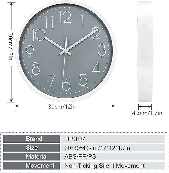 JUSTUP 12in Non-Ticking Wall Clock, Silent Battery Operated Wall Clock