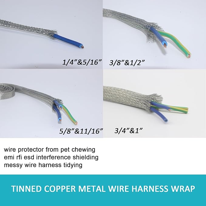 EMI RFI Shielding Wire Loom Metal Tinned Copper Grounding Braided Sheathing Cable Sleeve Mesh ESD Protection Flat Tubular Expandable (1/2" W(0.32" ID)-30FT)