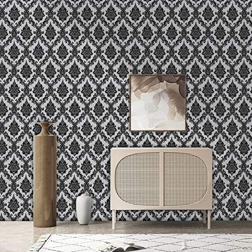 17.7" x 197" Peel and Stick Wallpaper Black Vintage Wallpaper Damask Contact