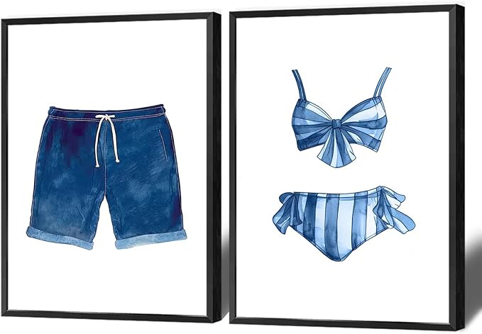 Liyark Set of 2 Retro Navy Blue And White Swimsuit Art Posters Beach Bathing