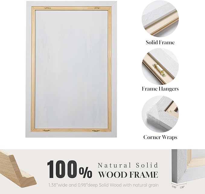 Large White Framed Blue and Gold Abstract Canvas Wall Art