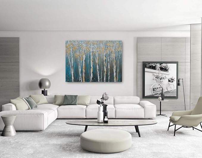 Yihui Arts Birch Tree Canvas Wall Art Hand Painted Teal and White Color Painting