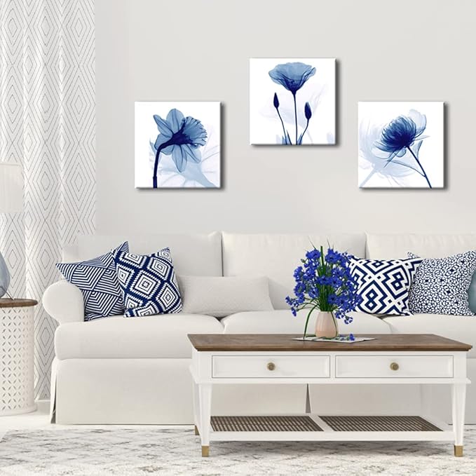 Wieco Art Blue Abstract Flowers 3 Panels Giclee Canvas Prints Wall Art Modern