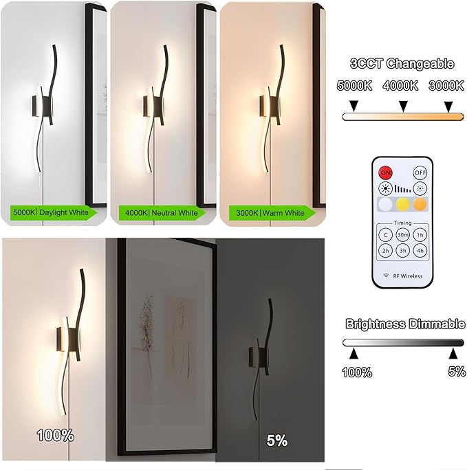 Daunton Modern Plug in Wall Sconce Set of 2, 3CCT Adjustable & Memory Function