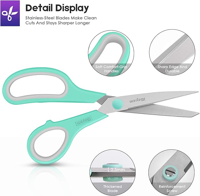 Scissors, iBayam 8" All Purpose Scissors Bulk 3-Pack, Ultra Sharp 2.5mm Thick Blade Shears Comfort-Grip for Office Desk Accessories Sewing Fabric Home Craft Teacher School Supplies, Right/Left Handed