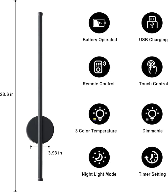 Battery Operated Modern Wall Sconces, Dimmable Wireless Wall Light Set of Two