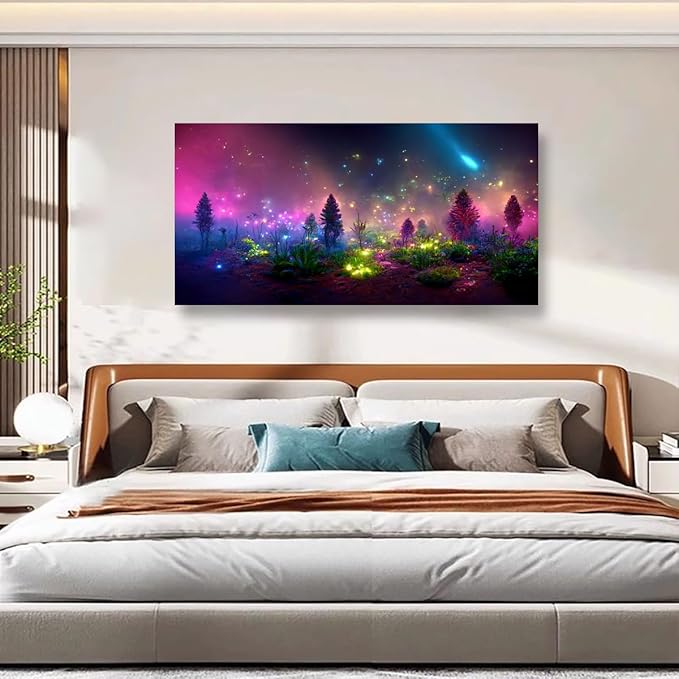 Fantastic Starry light Canvas Wall Art for Living room Office Bedroom Purple Dream Wall Art Print Paintings Modern Forest Fog Pictures Wall Decor Artwork Waterproof Ready to Hang - 70in * 35inch
