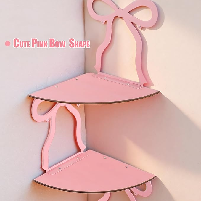 Kathfly 4 Tie Pink Bow Corner Shelf Wall Mounted Pink Floating Wood Corner