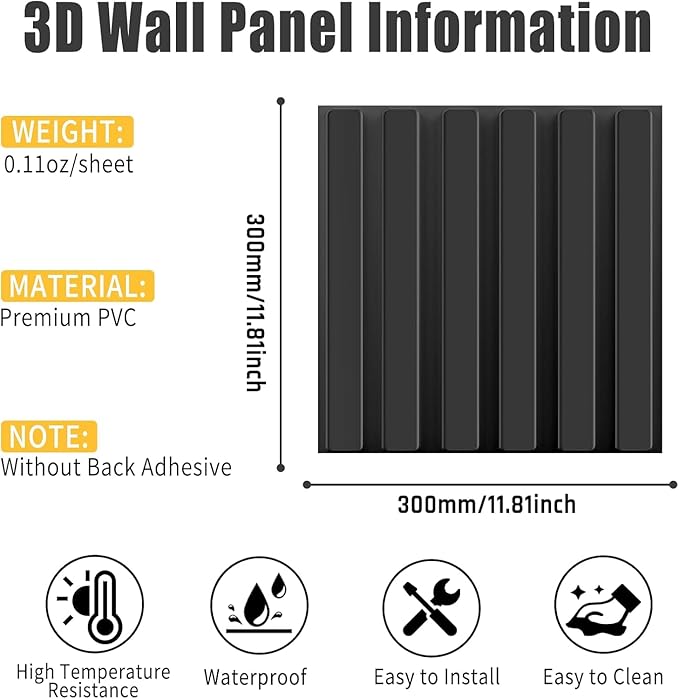 20 Pack 3D PVC Fluted Slat Wall Panels 12x12 Inch Covers 20 Sq.Ft Black