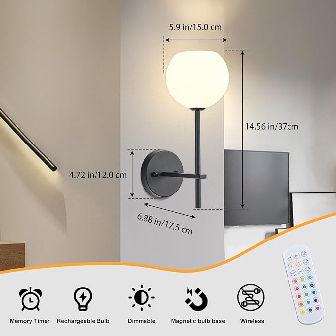 Black Battery Operated Wall Sconces Set of 2, Rechargeable Wireless Wall Lights