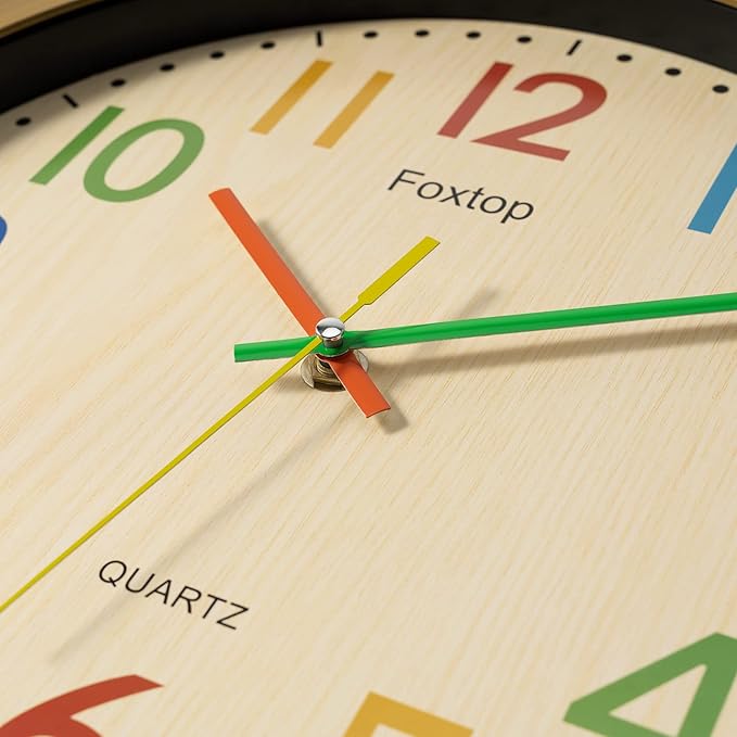 Foxtop Silent Kids Wall Clock 12 Inch Non-Ticking Battery Operated Colorful