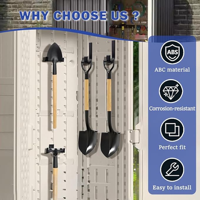 6Pcs Storage Shed Hooks, J/U/V Shapes Heavy Duty ABS Tool Organizers for Ladders, Garden Rakes & Bulk Tools, Compatible with Most Outdoor Storage Sheds
