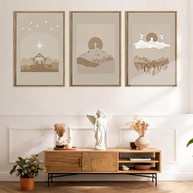 IARTTOP Extra Large Jesus Framed Wall Art 24x36 Inch Set of 3 Easter Brown Nativity Christian Canvas Wall Decor Grey Bible Verse Artwork for Church Living Room Bedroom