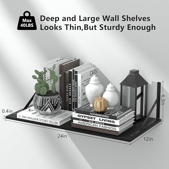 Deep Floating Shelves for Wall Set of 3, 24W x 12 Inch Deep Black Floating