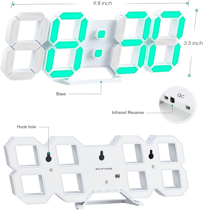 3D LED Digital Wall Clock 9.7" RGB Neon Alarm Clock, Large Display Desk/Wall