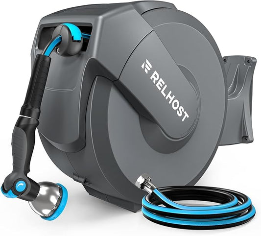 Retractable Garden Hose Reel, 5/8 in x 65 ft Wall Mount Heavy Duty Hose Reel with Any-Length Lock, Auto Rewind System, 180Â° Swivel Bracket, and 10-Pattern Nozzle for Garden, Dark Grey