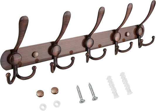 TICONN Wall Mounted Coat Rack, Five Heavy Duty Tri Hooks All Metal Construction