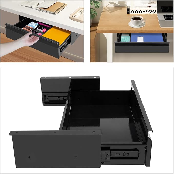 FFanhia 16 Inch Under Desk Mounted Sliding Pull-out Drawer Storage for Sit Stand Workstation Office(Applicable Table Thickness: 0.79in) Black