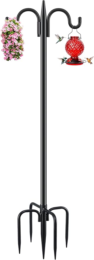 Gtongoko Bird Feeder Pole for Outdoors Heavy Duty, 77 Inch Double Shepherds Hook with 5-Prong Stable Base, 3/4 Inch Thick Hummingbird Feeder Stand for Hanging Plants, Lanterns, 1 Pack
