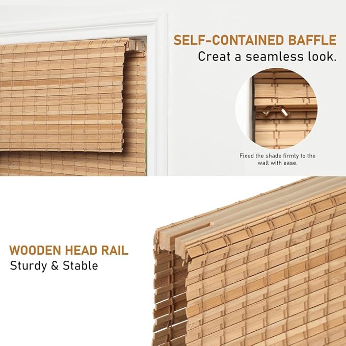 SEEYE Cordless Bamboo Roman Shades, Roll Up Blind Privacy Shade