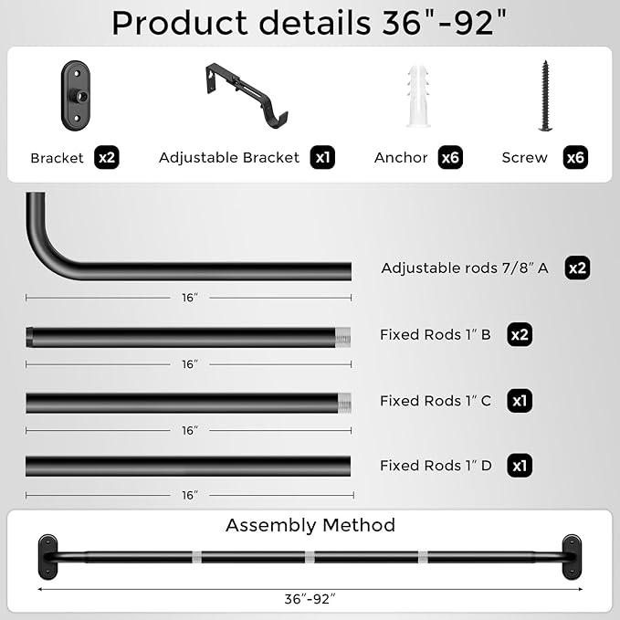 Curtain Rods 36-88 Inch, 1 Inch Adjustable Heavy Duty Room Darkening Window
